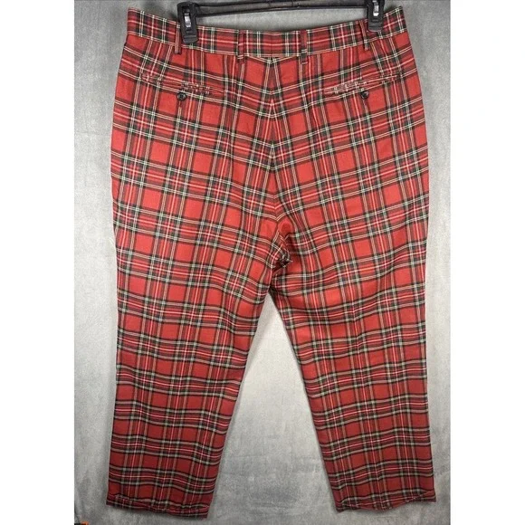 Paul Fredrick Vintage Red Tartan Plaid Wool Pants 40x30 Pleated Cuffed 80s - Picture 2 of 10
